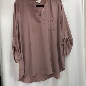 Pink Relaxed 3/4 Sleeve Blouse with Mandarin Collar